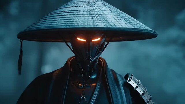 A mysterious masked figure in traditional Asian conical hat stands ominously in a dark, misty forest environment