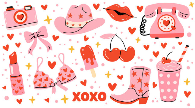 Valentine's Day pink and red retro doodle sticker set, romantic coquette aesthetic elements. Cute collection of hand-drawn girly, cowgirl elements. Perfect Valentines day, birthday, bachelorette party
