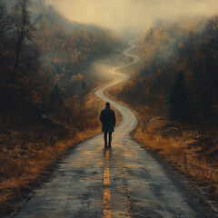 Journey through the winding misty road ahead