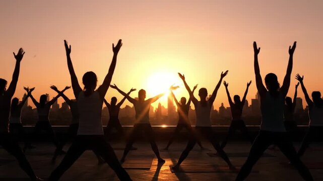group of people practicing yoga on beach at sunset with peaceful and serene atmosphere for wellness and meditation commercial usage