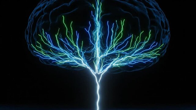 Human brain neural network illustration with glowing blue and green lightning tree branches for medical and science presentation