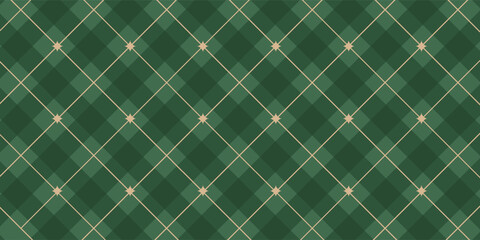 Christmas rhombus seamless pattern. Xmas plaid texture with gold line and stars. Green argyle geometric diamond abstract pattern. Christmas wrapping. Vector illustration isolated on green background. © Iflah
