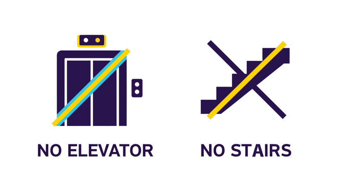 Simple graphic icons clearly indicating restrictions against using both the elevator and the stairs simultaneously within a modern, minimalist design context
