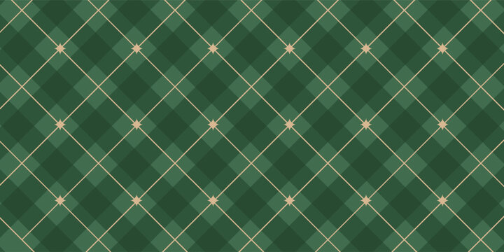 Christmas rhombus seamless pattern. Xmas plaid texture with gold line and stars. Green argyle geometric diamond abstract pattern. Christmas wrapping. Vector illustration isolated on green background.