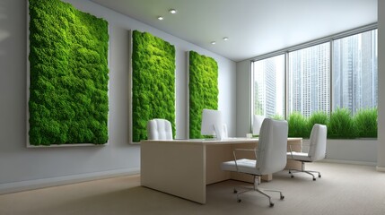 Fototapeta premium Modern office interior featuring lush green moss walls creating a tranquil, eco-friendly workspace with city skyline view and natural light filtering through windows