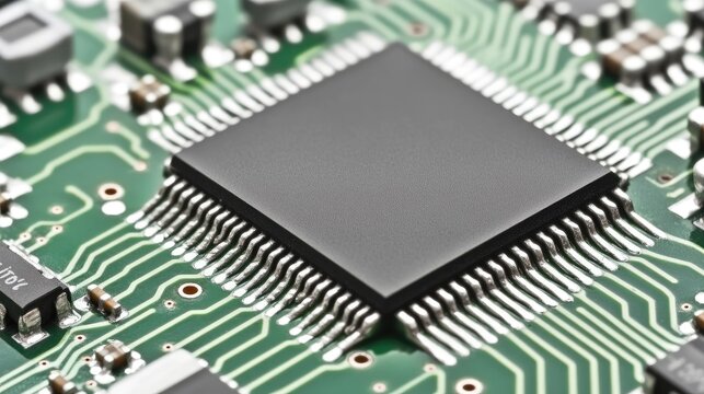 Close-Up View of a Circuit Board with a Black Microchip Surrounded by Electrical Components and Connections for Technological Applications