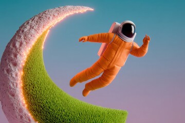 Astronaut floats in space above grass with glowing light during a surreal scene