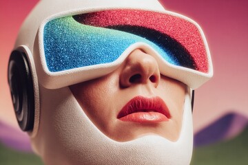 Person wearing colorful goggles in a stylized outdoor setting during sunset with mountains in the background