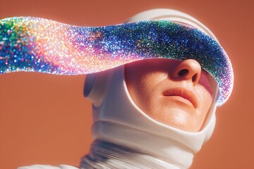 Person wears a white outfit with a rainbow glitter band across the eyes in a studio setting with a warm background