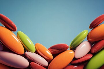 Colorful candies arranged in a wave shape against a blue background for a simple candy display