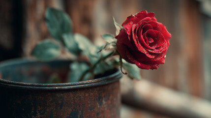 Vibrant red rose with droplets on rustic background