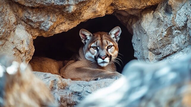 A mountain lion resting inside a rocky den with natural light filtering through the entrance