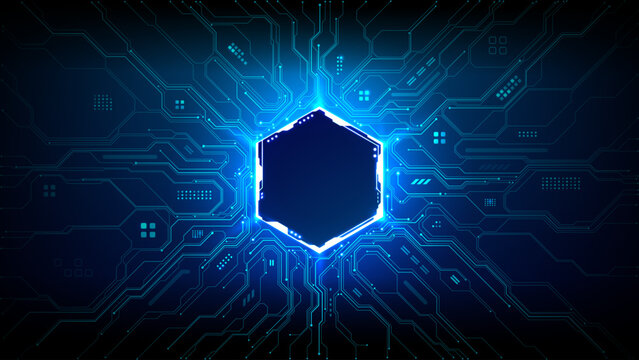 Glowing circuit board with neon hexagon HUD display. Abstract tech background featuring bright digital patterns, processor elements, and futuristic AI board design.