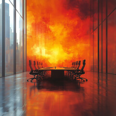 Empty corporate boardroom with long conference table facing intense flames. Dramatic concept symbolising business crisis, financial collapse, leadership failure and chaos