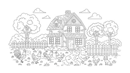 Obraz premium Detailed black and white coloring page illustration features a farmhouse, chickens, a goose, and a cat in a rural yard.