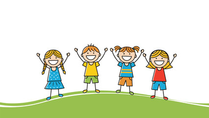 Naklejka premium Group of four happy children are standing and waving their arms on top of a grassy green hill against a white background.