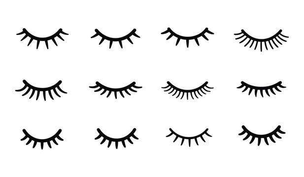 Twelve Black and White Illustrations of Closed Eyelashes eyes sleeping