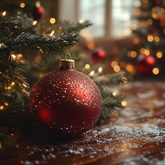 Sparkling red ornament on a festive christmas tree
