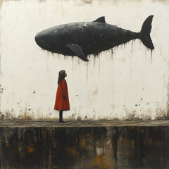 Lonely girl in a red coat standing before a large black whale mural painted on a weathered wall. Minimalist, moody composition with strong contrast and urban surrealism atmosphere