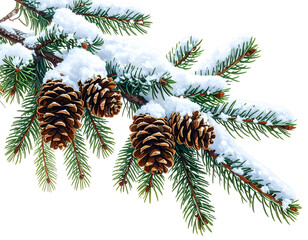 Winter evergreen tree branch covered in fresh snow with pine cones, natural snowy scene isolated on a transparent background, PNG