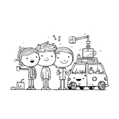 Naklejka premium Three smiling cartoon characters standing together near a futuristic van with technology equipment on a white background friendly atmosphere simple line art style