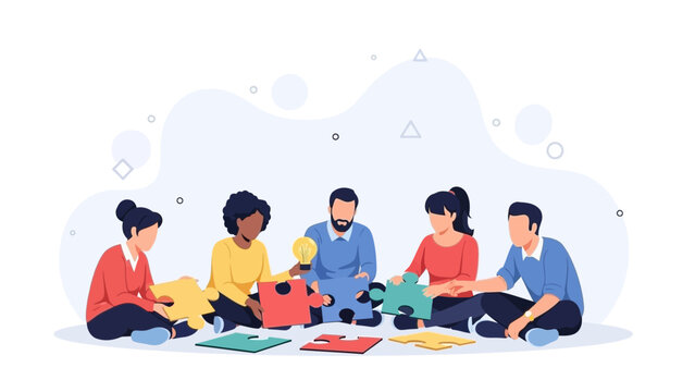 Diverse team solving jigsaw puzzle, brainstorming ideas, collaboration and teamwork concept