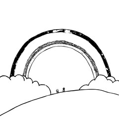 Naklejka premium Two people standing on a hill gazing at a large hand drawn double rainbow with fluffy clouds in a serene landscape scene