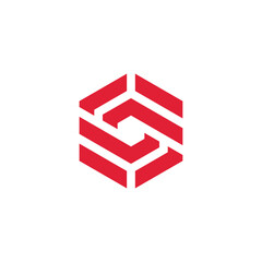 Modern Hexagonal Abstract Design with Red Lines on White Background, representing a stylized 'S' or geometric pattern