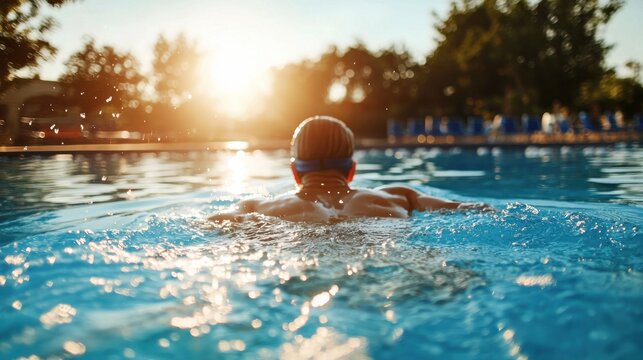 A lifeguard observing as a swimmer practices backstroke in a sunlit outdoor pool