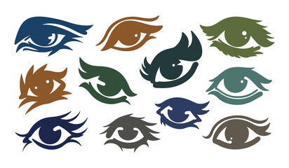 Obraz premium Group of Twelve Abstract Stylized Eyes in Various Earthy Tones and Blue Hues illustration