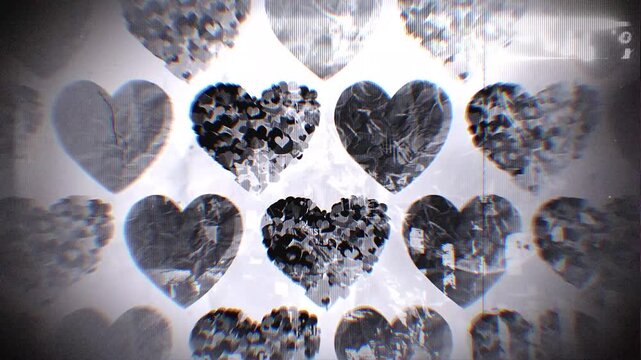 A looping background of stop motion style love grungy paper love hearts in a stylised negative film reel style.

