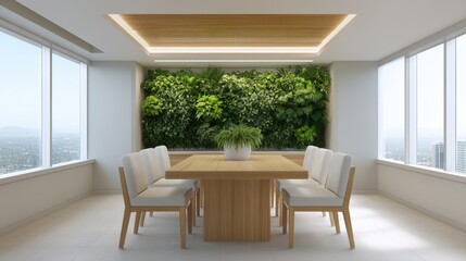 Fototapeta premium Modern Conference Room with Natural Green Wall and Elegant Wooden Table Surrounded by chairs, Bright Windows Offering Scenic View and Natural Light