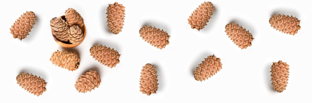 Cedar cones in wooden plate . Healthy food and diet food. Banner.