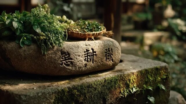  A close-up view of weathered stone, intricately engraved with symbols, cradling a bed of verdant herbs and tea leaves. The scene evokes a sense of tranquility.