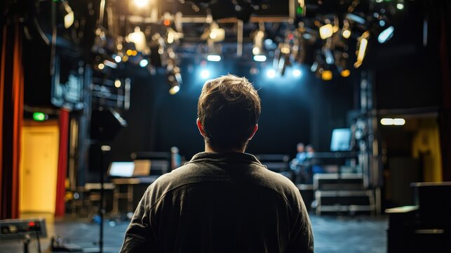 A stage manager giving final instructions backstage before the curtain rises