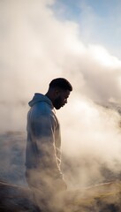 Obraz premium Man Contemplates Geothermal Energy A Sustainable Future Inspires Hopeful Renewal