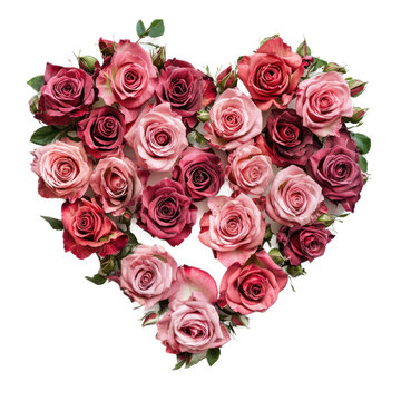 A heart-shaped arrangement of pink and red roses on a white background.