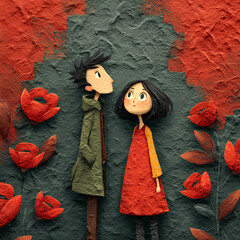 Whimsical paper characters in vibrant garden setting, Valentine's Day card