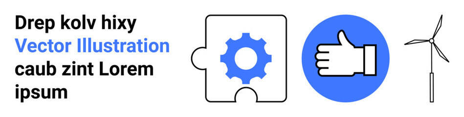 Obraz premium Business strategies, teamwork solutions, renewable energy, innovation, feedback, sustainable development. Gear puzzle piece, thumbs-up wind turbine icons. Teamwork and renewable energy