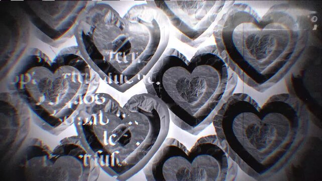 A looping background of stop motion style love grungy paper love hearts in a stylised negative film reel style.
