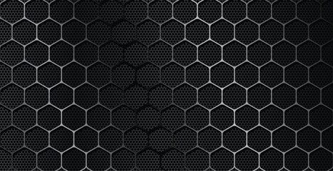Industrial silver chrome hexagon mesh pattern on dark metal surface for high tech automotive engineering backdrop © Amir