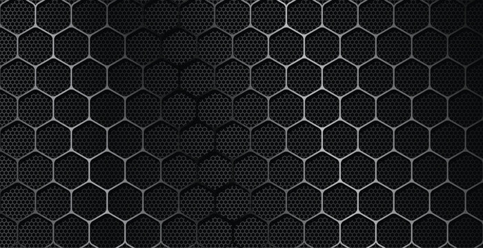 Industrial silver chrome hexagon mesh pattern on dark metal surface for high tech automotive engineering backdrop