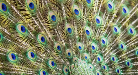Obraz premium A vibrant display of peacock feathers with a green and blue color scheme.