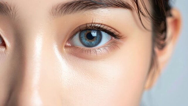 澄んだ青い瞳と整った眉が印象的な女性の目元クローズアップ