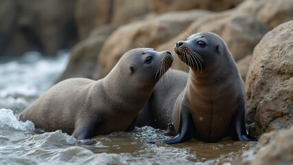 Playful seals on rocky coast. Curious seal behavior captured in ultra-realistic detail. Coastal wildlife photography of seals. Seals playing in their natural habitat.
