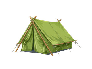 A green tent with a wooden frame and a white background