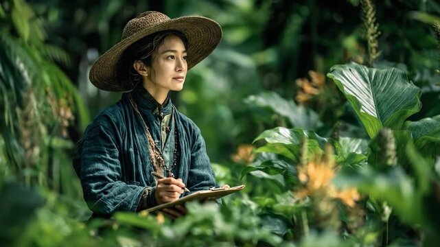  A focused individual, adorned with a sunhat and traditional attire, meticulously documents observations in a lush, green environment of botanical life.