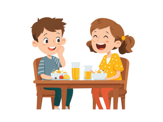 Two children are sitting at a table eating breakfast
