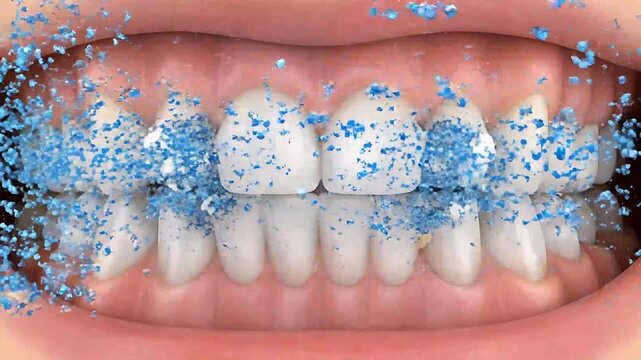 Close-up of a dental cleaning showing the removal of plaque at the gum line, This image highlights the process of removing plaque and food particles