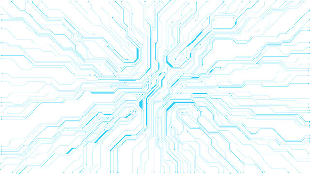 Glowing circuit board with neon HUD display. Abstract tech background featuring bright digital patterns, processor elements, and futuristic AI board design. 